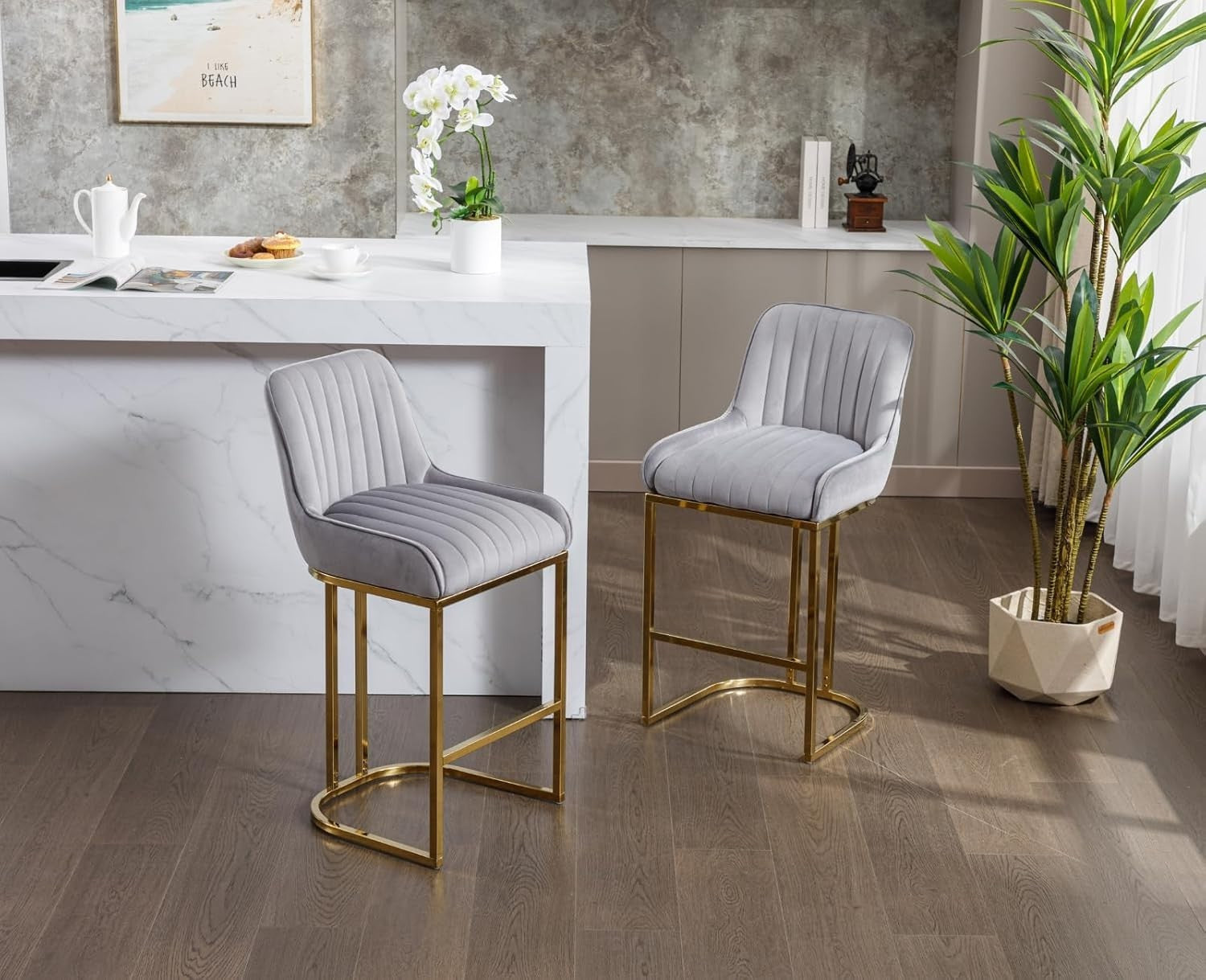 Bar Stools Set of 4 | Grey Fabric L-Shaped Counter Dining Chairs