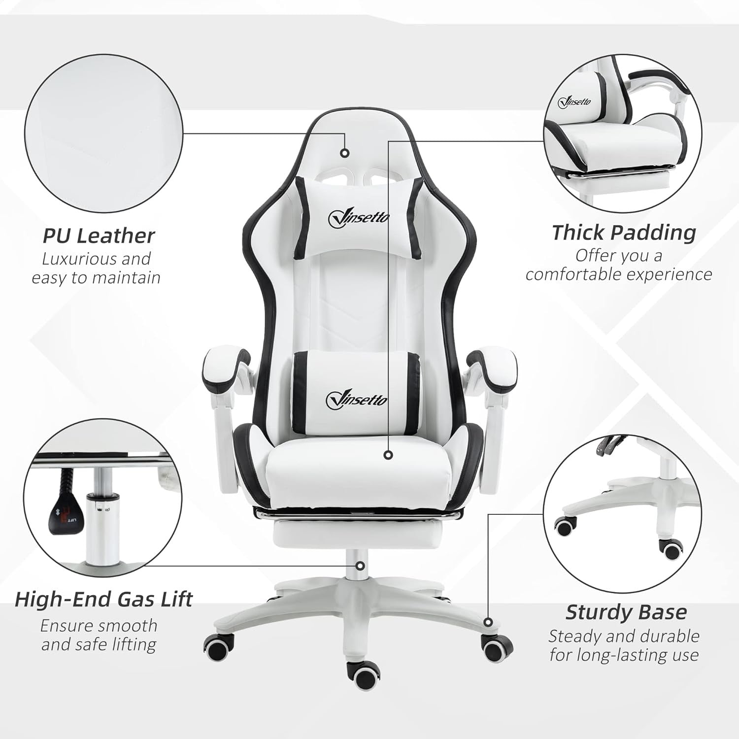 Gaming Chair PU Leather Recliner w/ Footrest 135° Swivel White Black