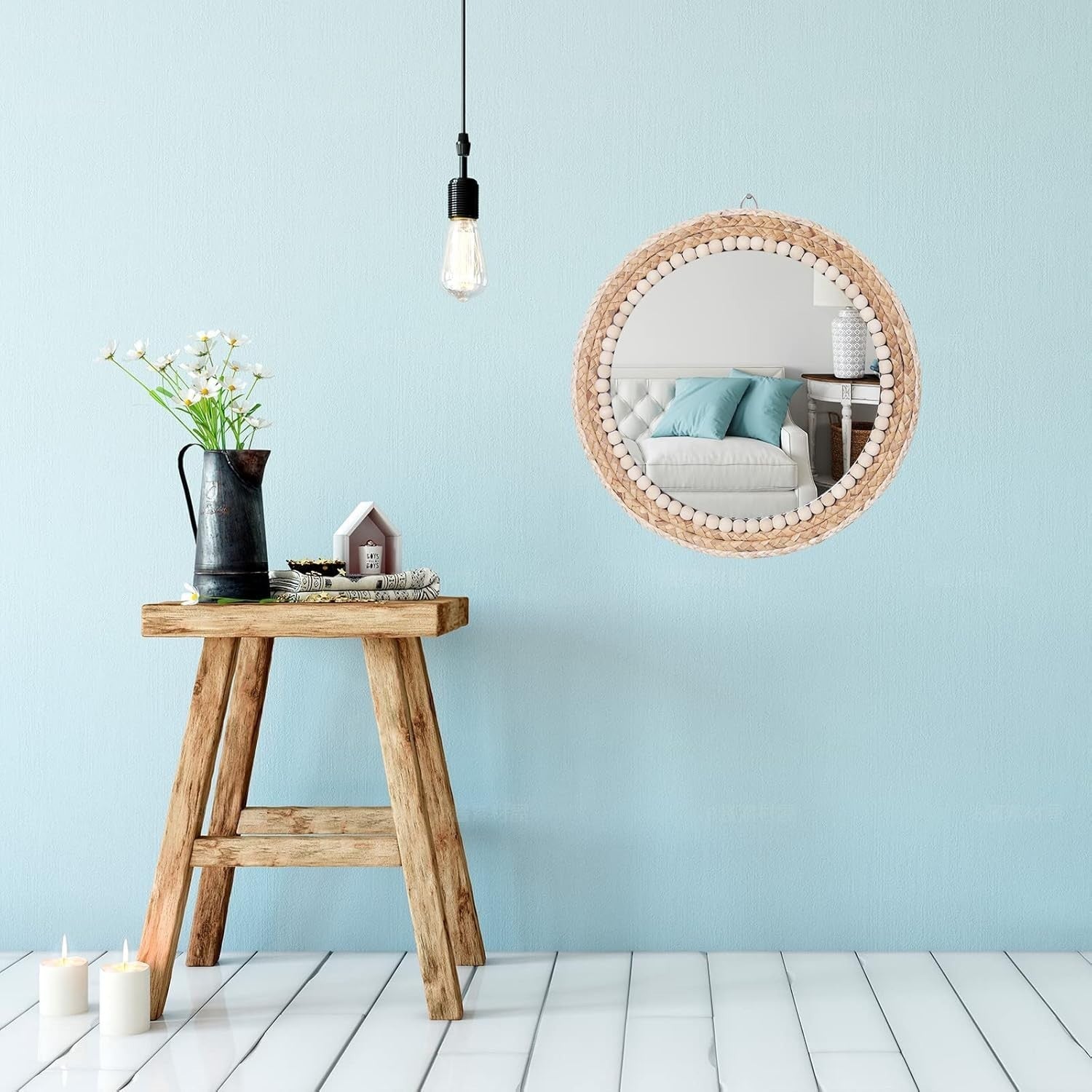 Boho Round Rattan Wall Mirror 38cm Hanging Bathroom Decor