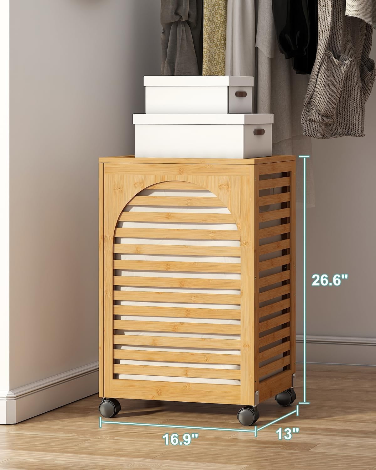 85L Natural Bamboo Laundry Hamper on Wheels 2 Section Basket with Lid & Liner