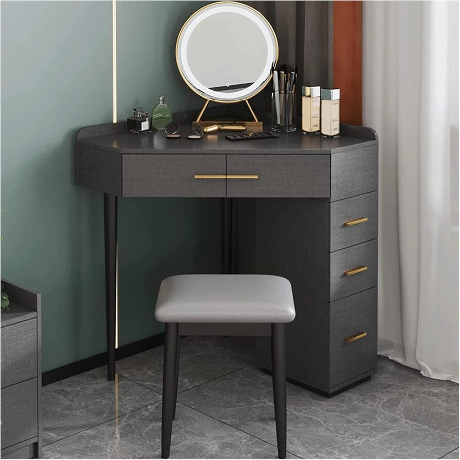 ZUMAHA Furniture Corner Design Vanity Desk, Dressing Table with 5 Drawers & LED