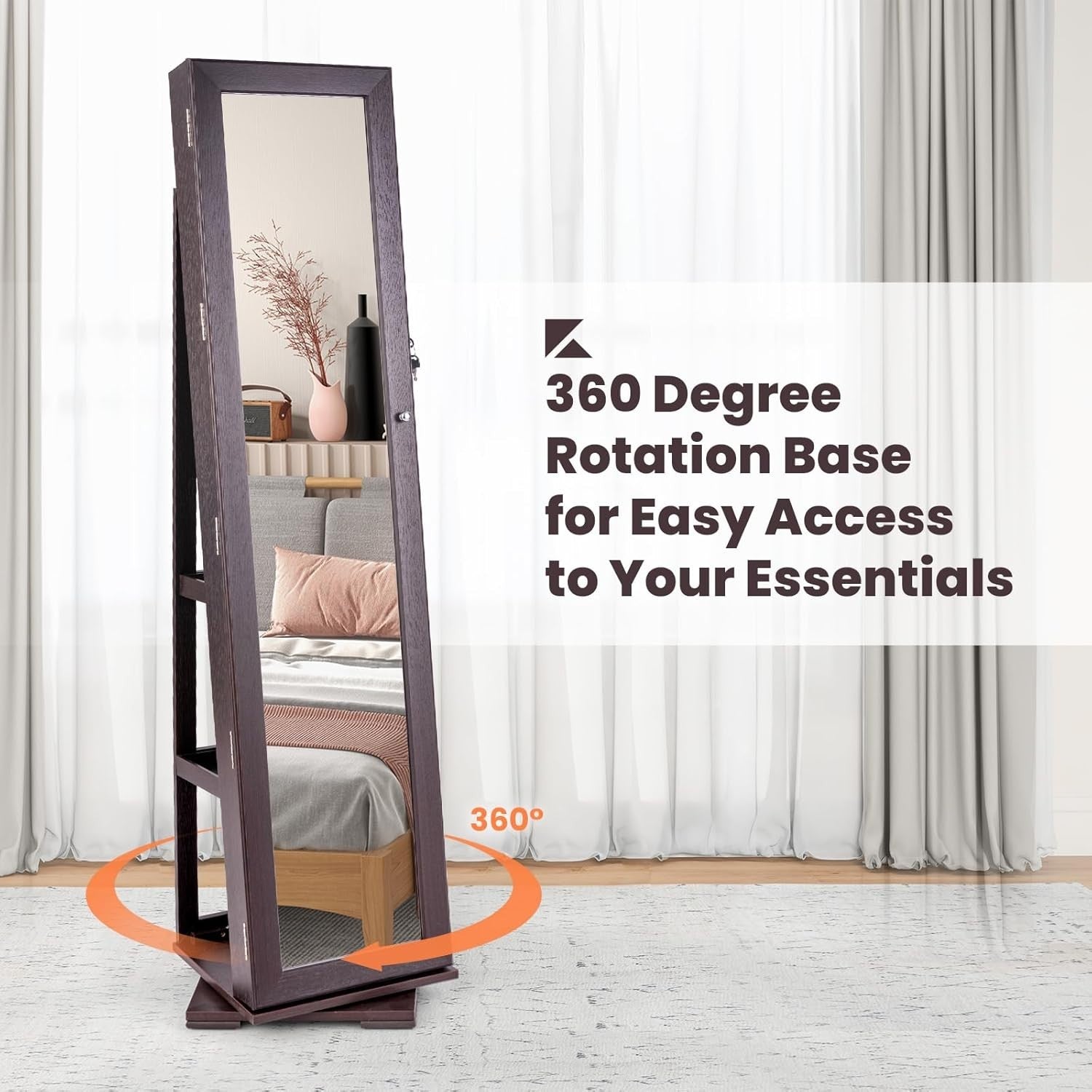 360° Swivel Jewelry Armoire Mirror Lockable Storage Cabinet with Rear Shelves