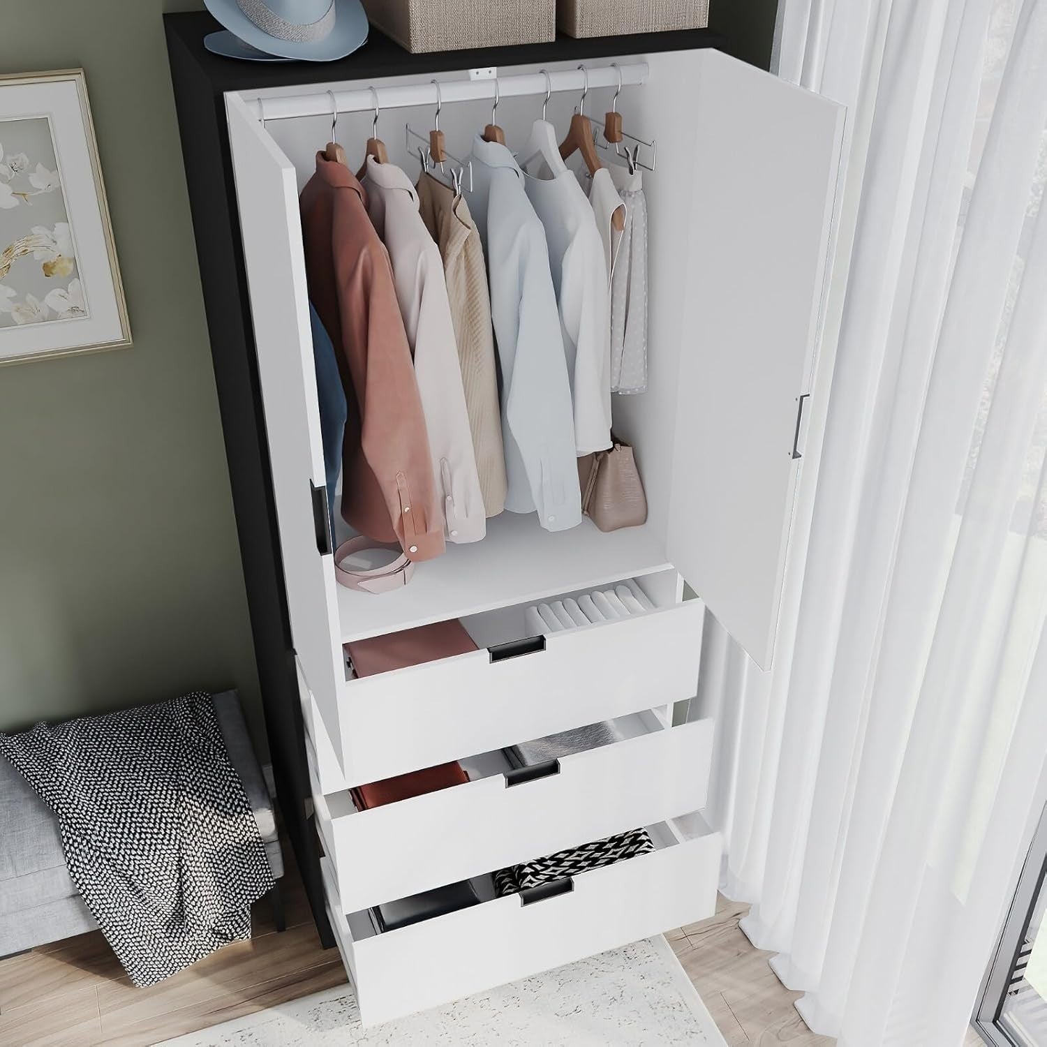 White 2 Door Wardrobe with Drawers & Hanging Rail Bedroom Storage