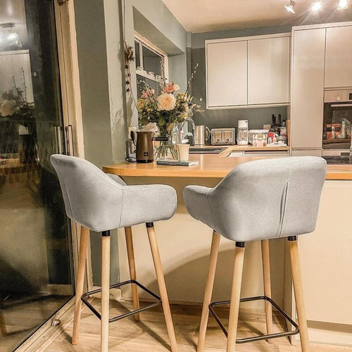2x Beige Linen Bar Stools with Backrest Armrest Wood Legs for Kitchen