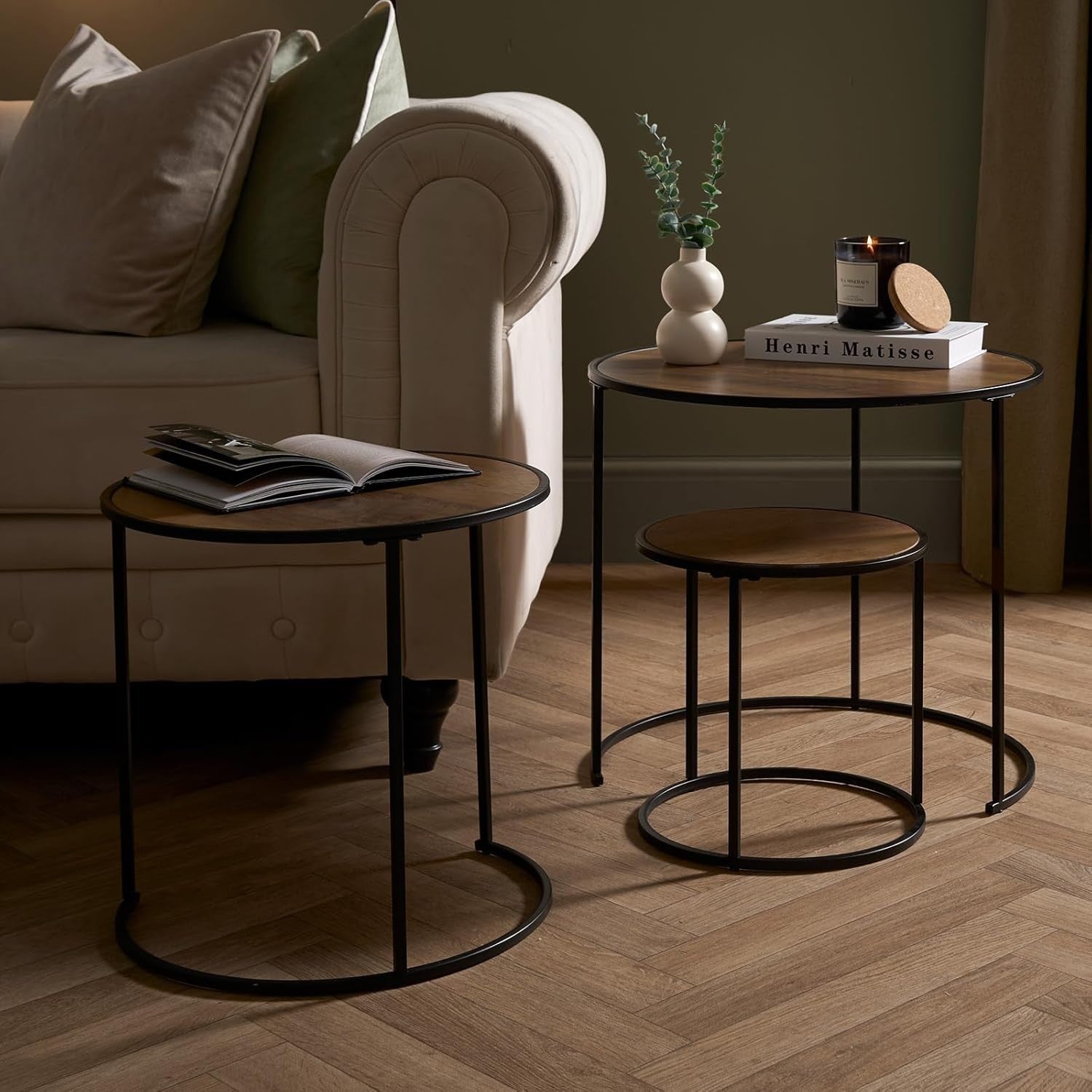 Nest of Tables Set 3 Modern Coffee Side End Table Wood Top Metal Frame Black
