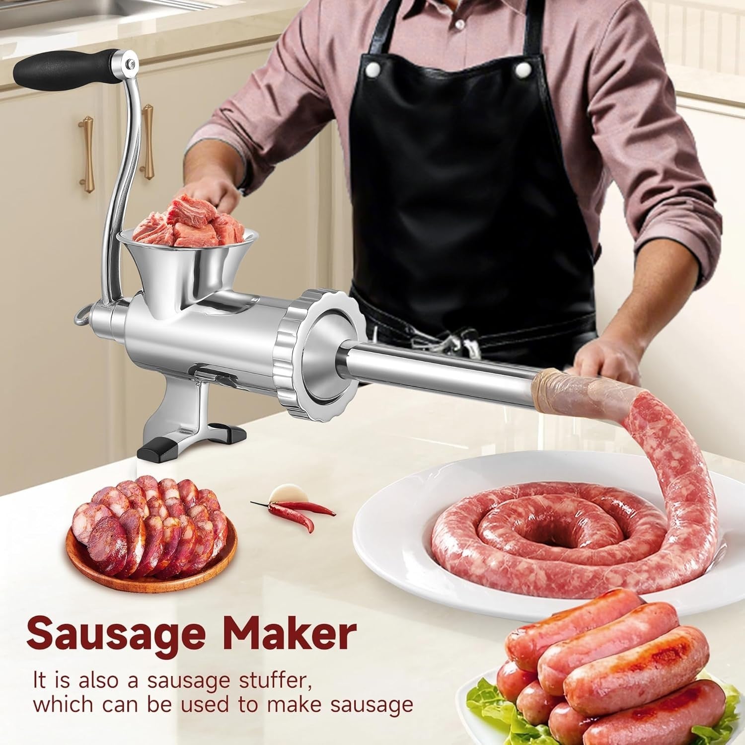 Stainless Steel Manual Meat Grinder Sausage Maker Mincer 4.5 8mm