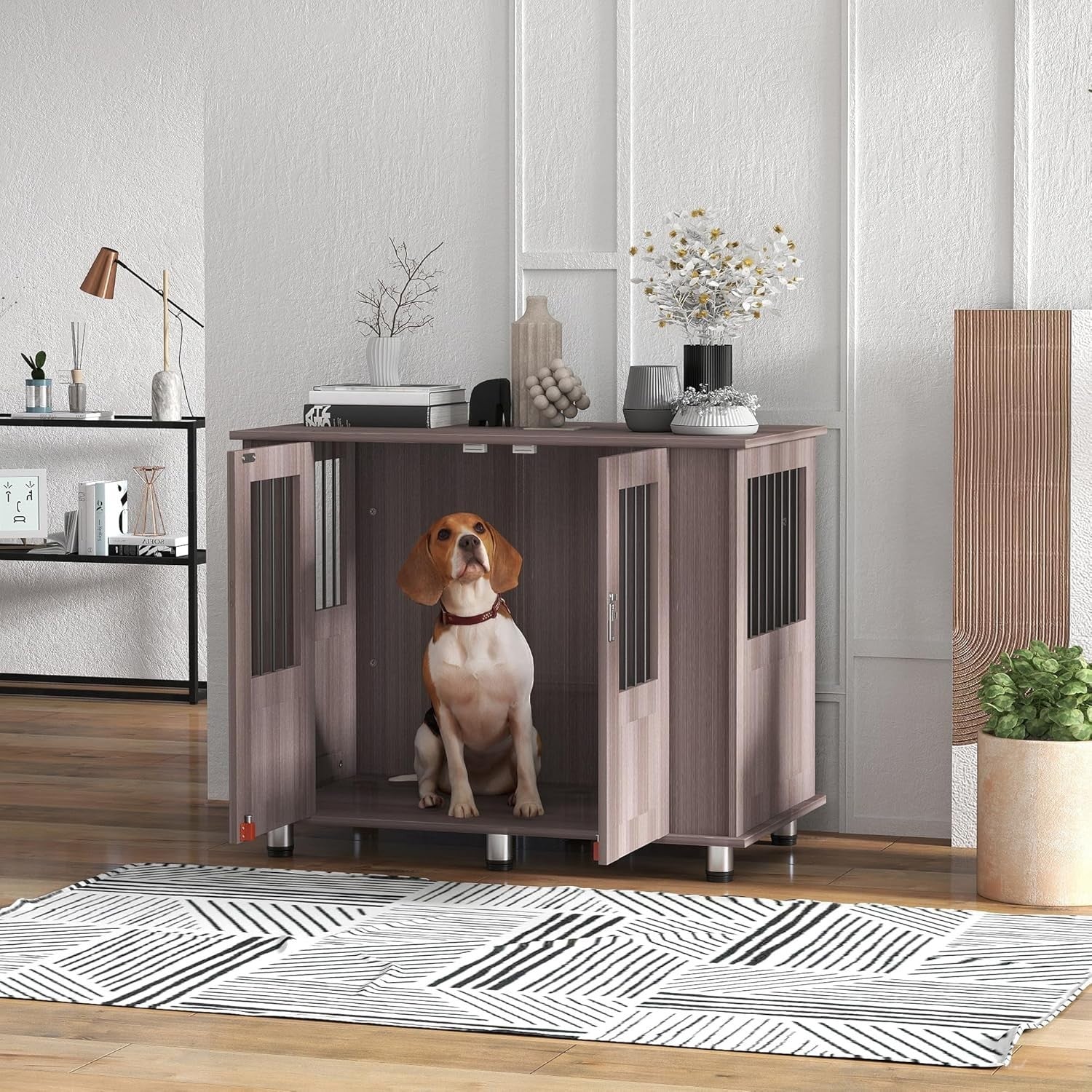 Purple Indoor Dog Crate Furniture – 95x55x75cm Large Pet Cage with Table Top