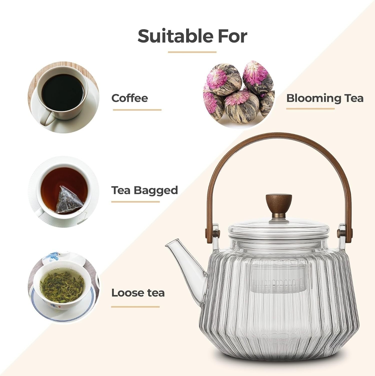 900ml Glass Teapot with Infuser Wooden Handle Loose Leaf Tea Pot