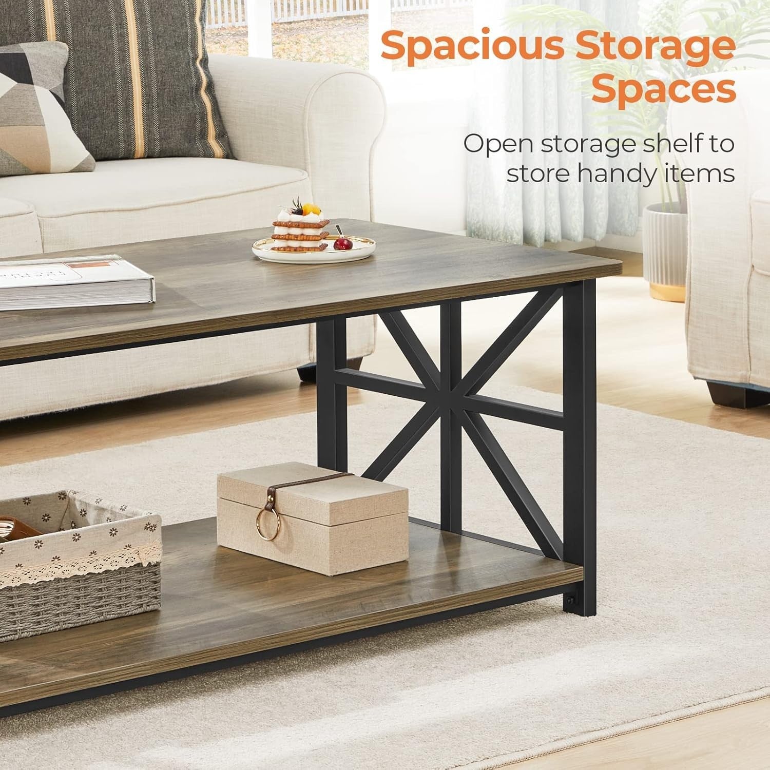 2-Tier Grey Coffee Table with X-Frame, Rounded Corners, 100cm Storage
