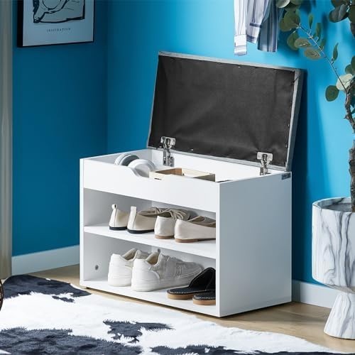 Grey Shoe Storage Bench with Padded Seat & 2 Tiers – Hallway Storage