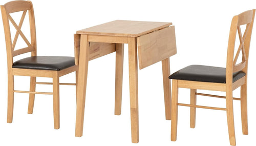 Compact Drop Leaf Dining Table & 2 Chairs Set Oak Finish Space Saving