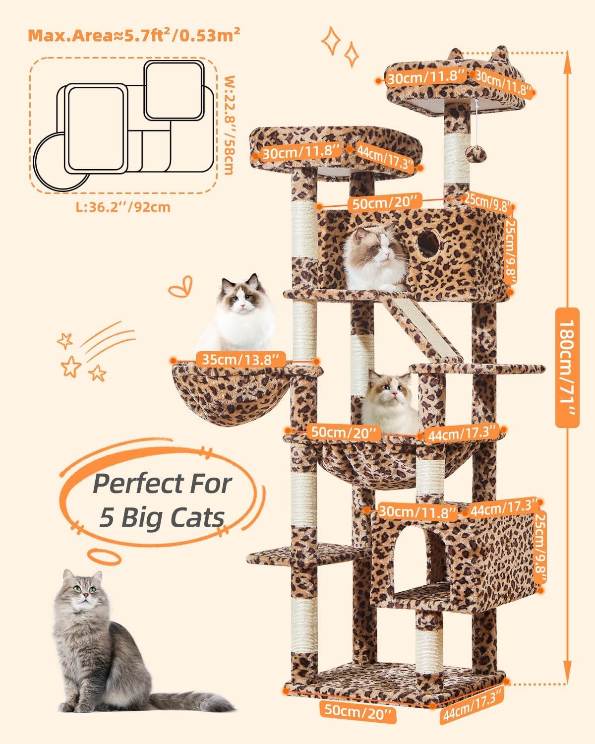 Large Cat Tree Tower 71” Multi Level Sisal Scratching Posts Condo