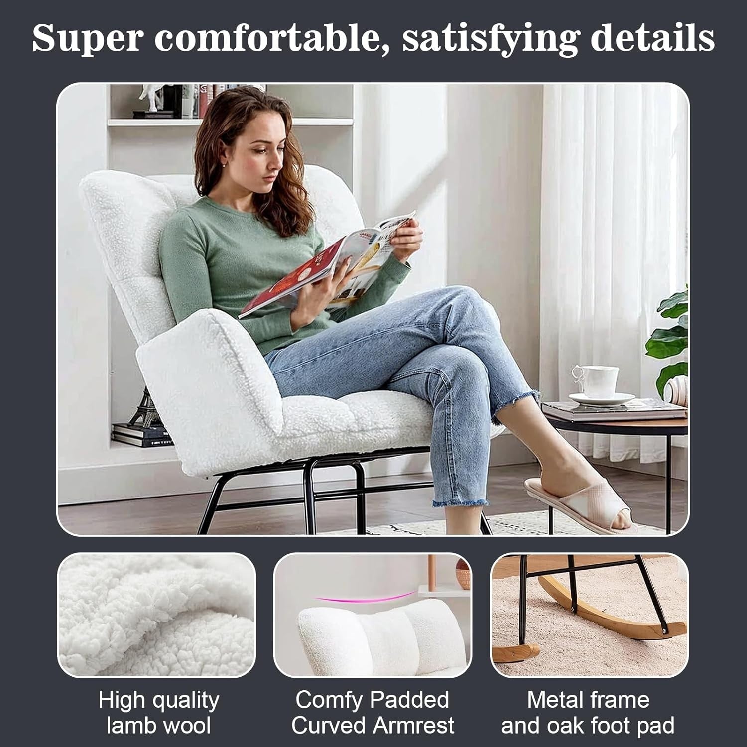 Beige Rocking Chair Soft Lounge Armchair 450lbs Support, Comfy & Sturdy