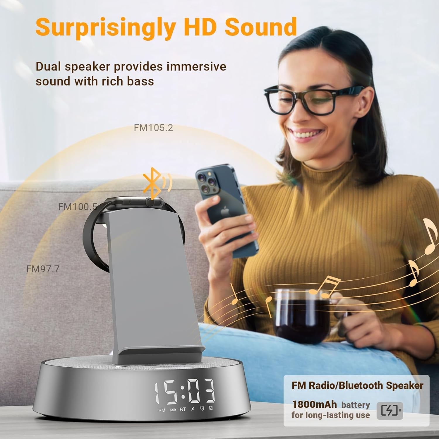 Wireless Charging Alarm Clock Bluetooth Speaker Night Fast Charger