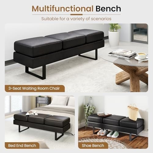 3-Seater Upholstered Reception Bench with Metal Frame, Modern Entryway Seating