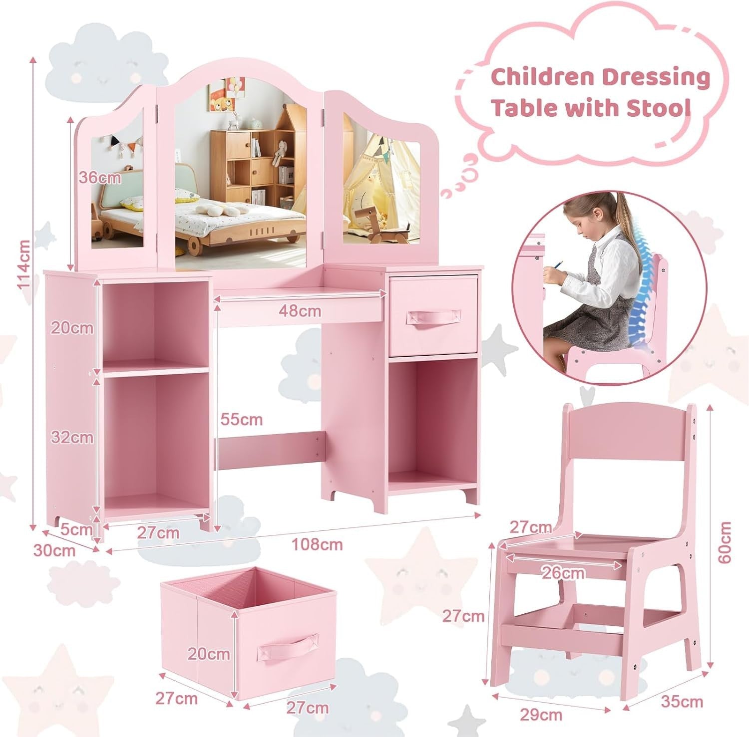 Kids Vanity Table & Chair Set with Tri-Fold Mirror Storage Desk Pink 108cm