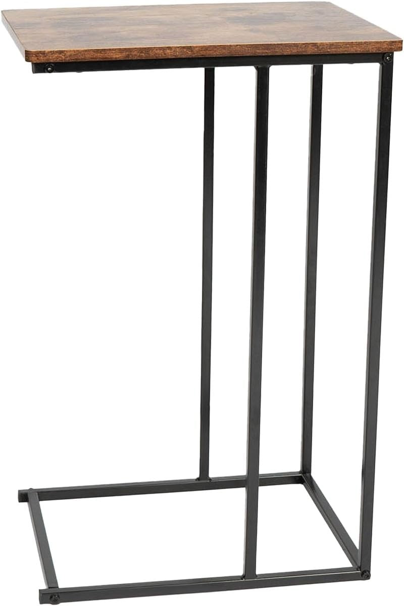 C-Shaped Dark Wood Sofa Side Table – Space-Saving End Table with Storage