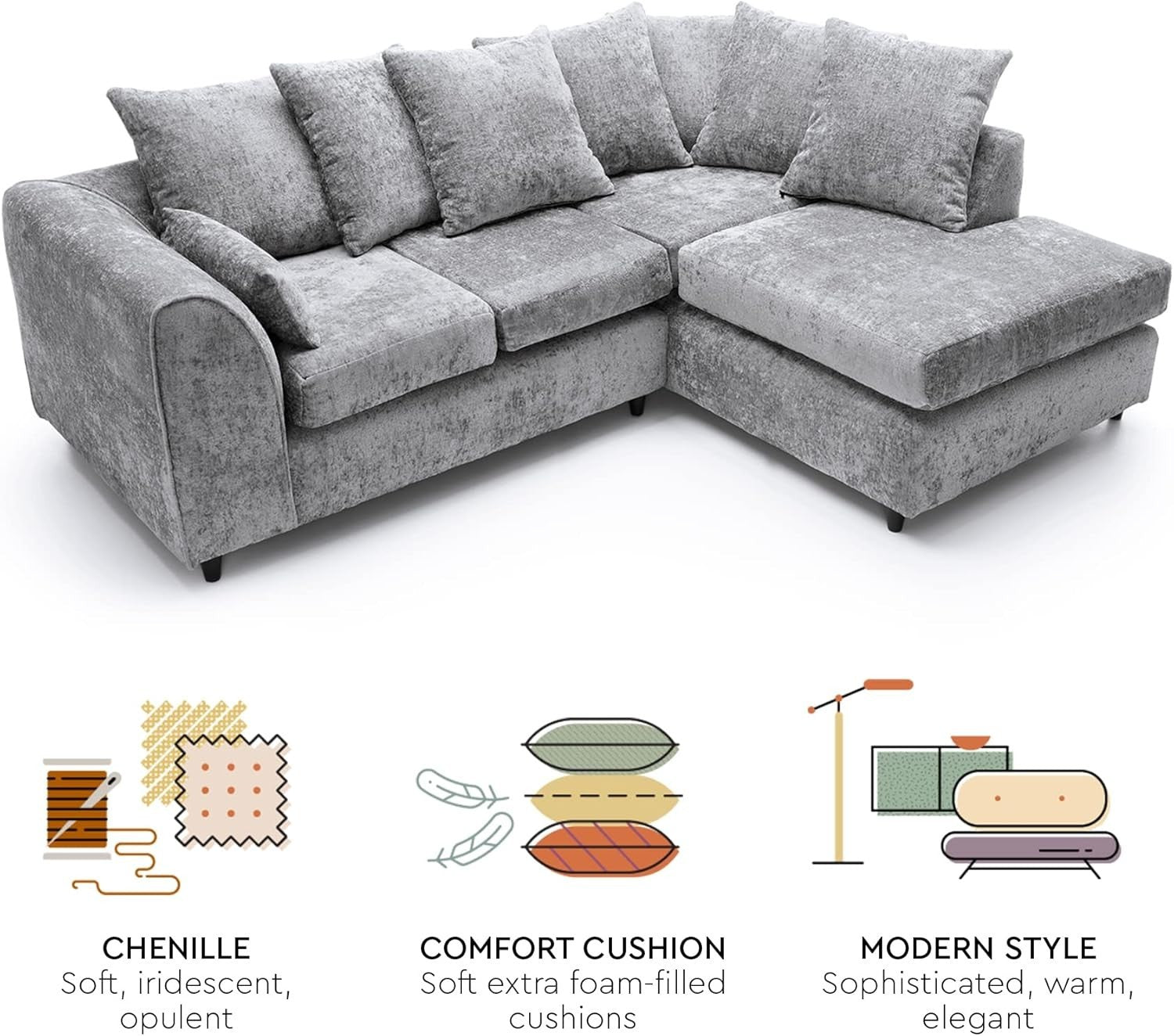 Light Grey Chenille Corner Sofa Right – Modern L Shape Couch for Living Room