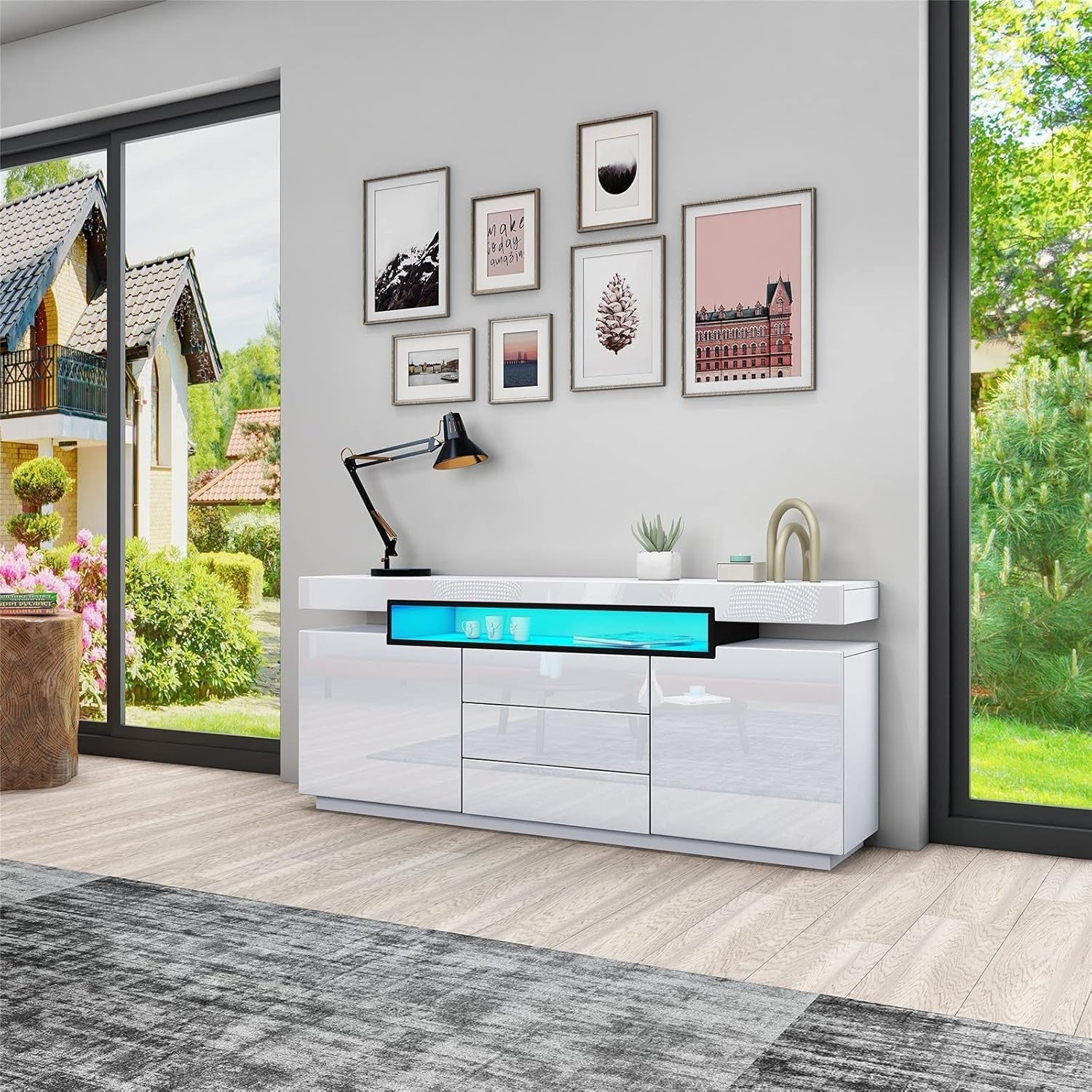 White High Gloss Sideboard Cabinet TV Stand with LED Light 2 Doors 3 Drawers