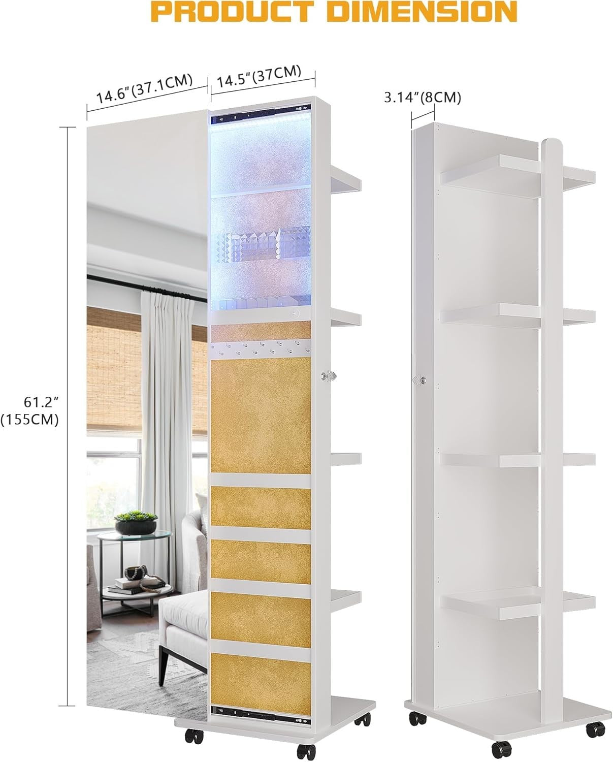 360° Swivel Jewelry Cabinet LED Full Length Mirror Rolling Storage Gray