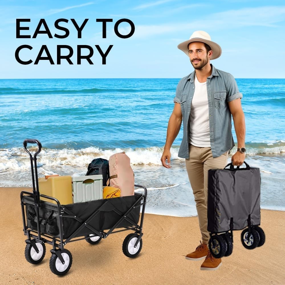 Black Heavy Duty Folding Wagon Collapsible Garden Camping Beach Trolley 70kg