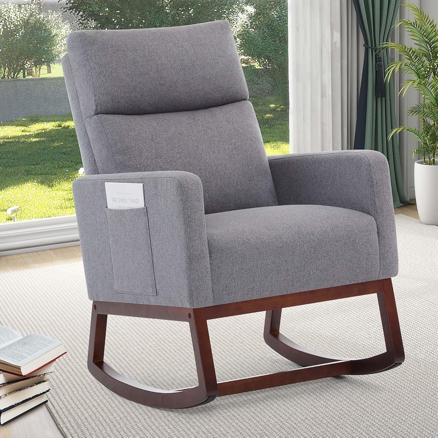 Modern Linen Rocking Chair with High Back & Side Pockets for Adults