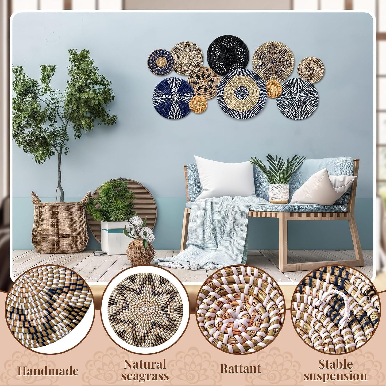 11PCS Boho Woven Wall Baskets Bulrush Farmhouse Decor Clr Blue