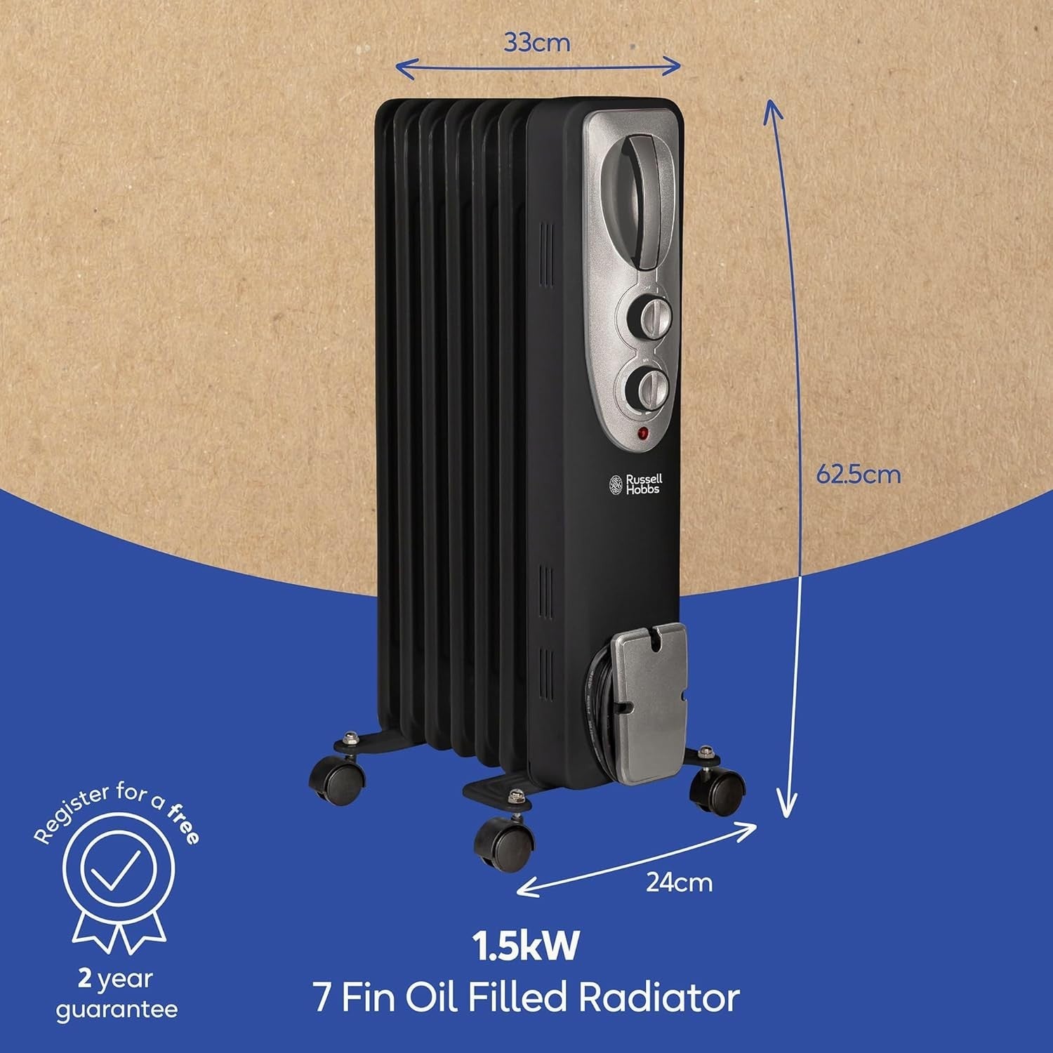1500W Oil Filled Radiator Heater 7 Fins Portable Adjustable Thermostat