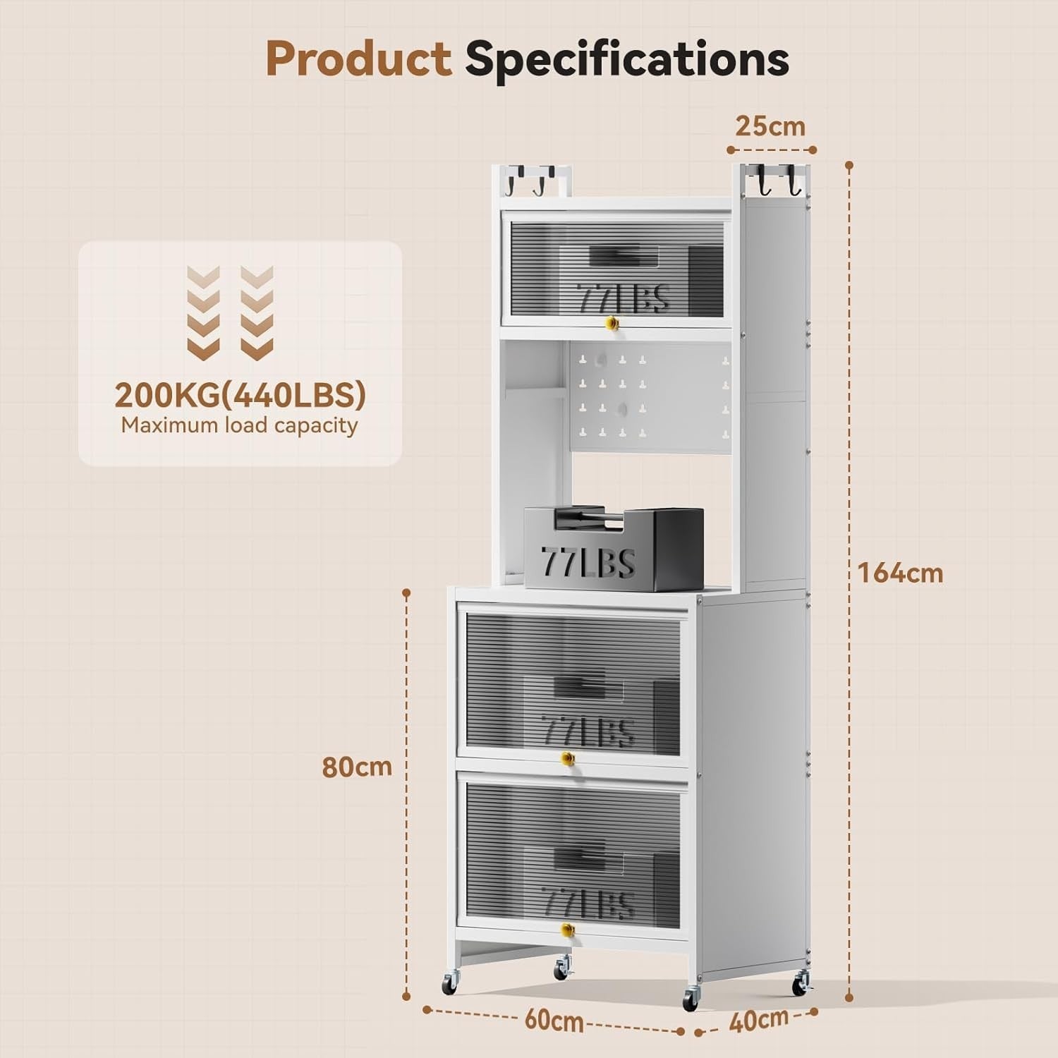 5-Tier Kitchen Storage Cabinet with Flip Door & Wheels White | 60x40x162cm