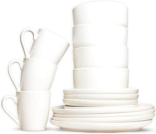 16 Piece Stoneware Dinner Set Plates Bowls Mugs for 4 Microwave Dishwasher Safe
