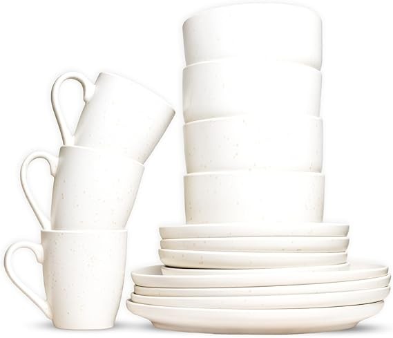 16 Piece Stoneware Dinner Set Plates Bowls Mugs for 4 Microwave Dishwasher Safe