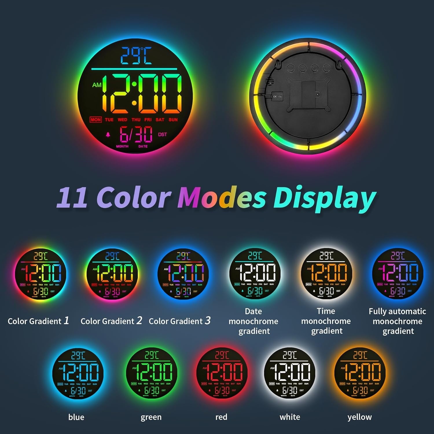 RGB LED Digital Wall Clock 10 Inch Remote Control Night Light Display