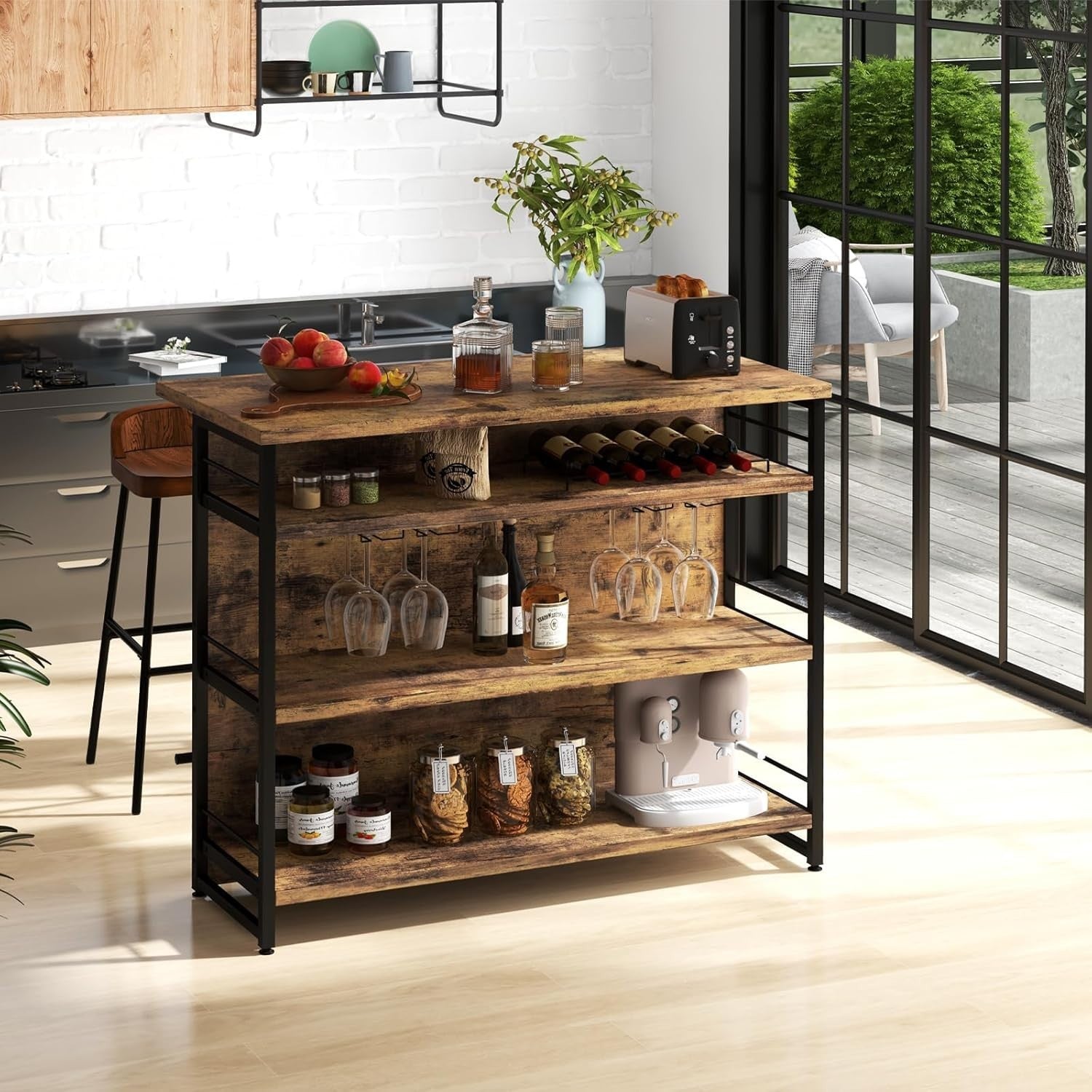 Industrial Kitchen Island Bar Table with Wine Rack Rustic Brown 120x60cm