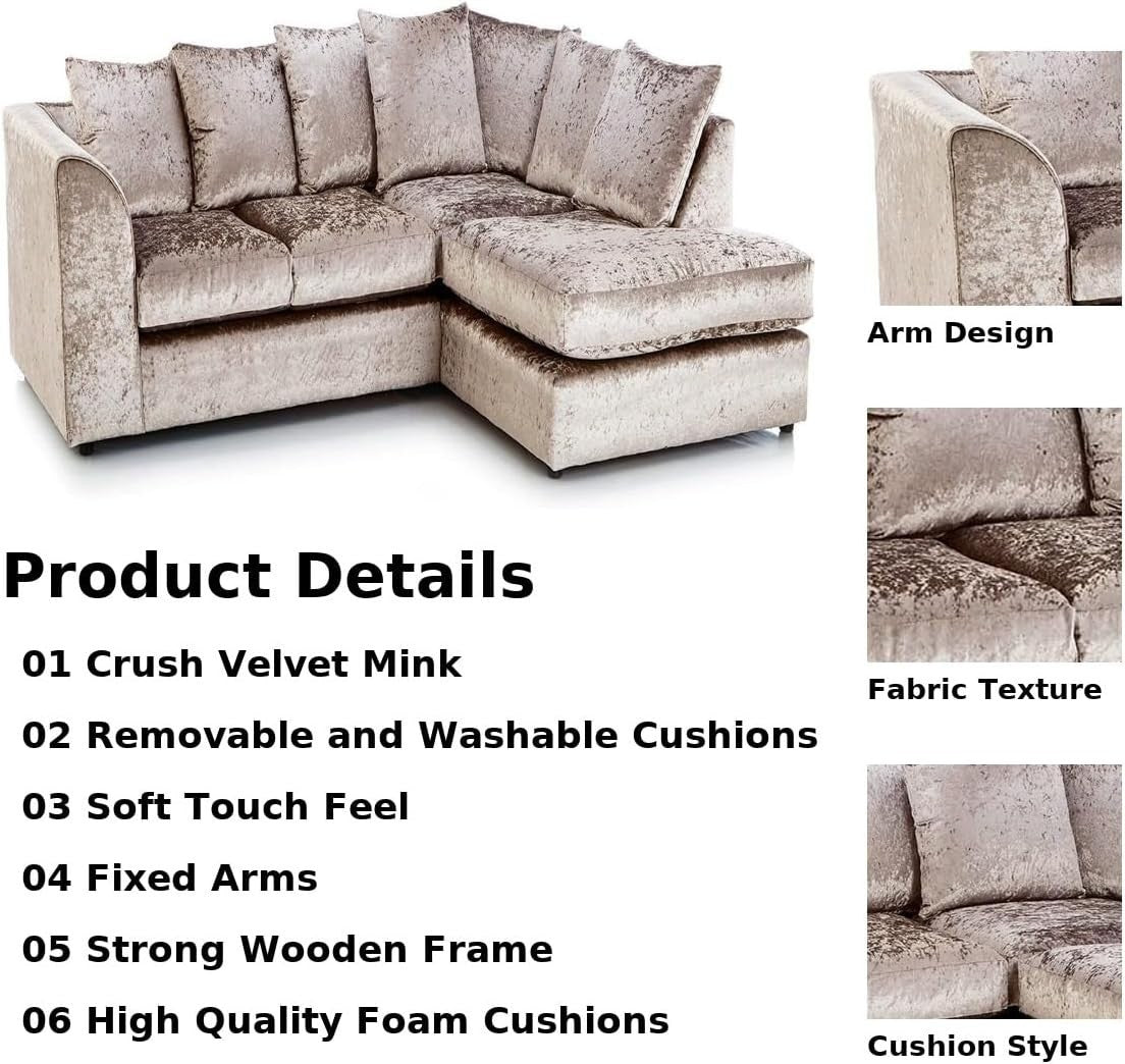 Mink Crushed Velvet Corner Sofa RH – Comfy 4 Seater L Shape Settee Couch