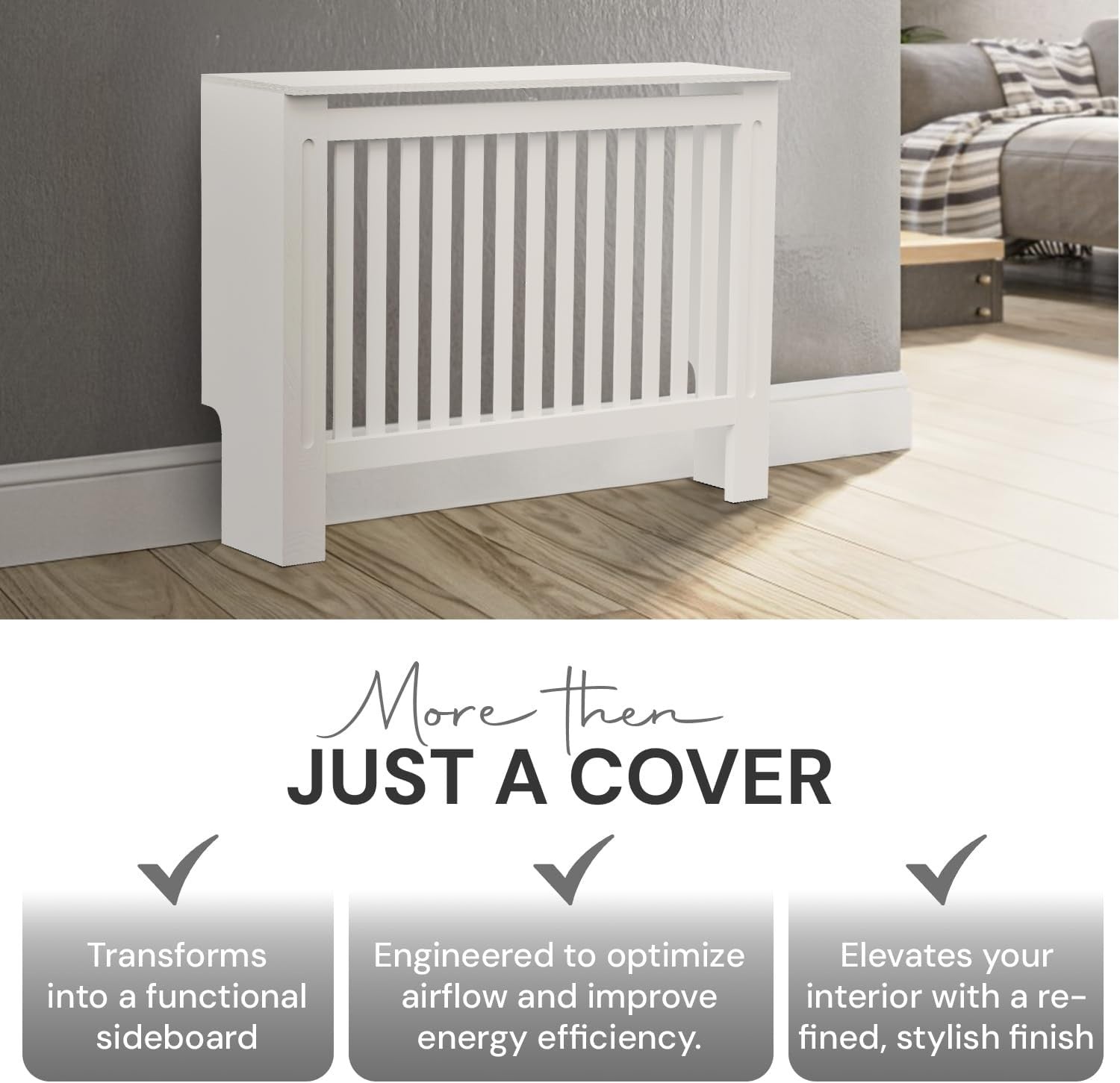 Medium Radiator Cover White Slat MDF Modern Heater Cabinet Shelf Space Saving