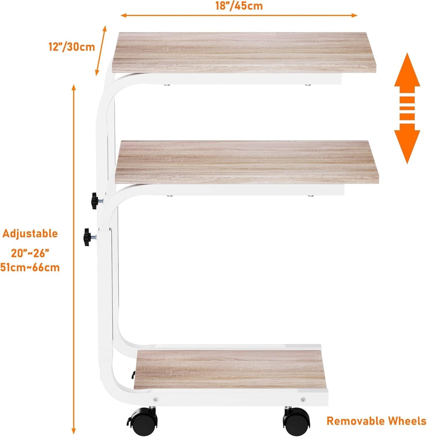 Height Adjustable Side Table – 45x30x65cm End/Bedside Table Oak White