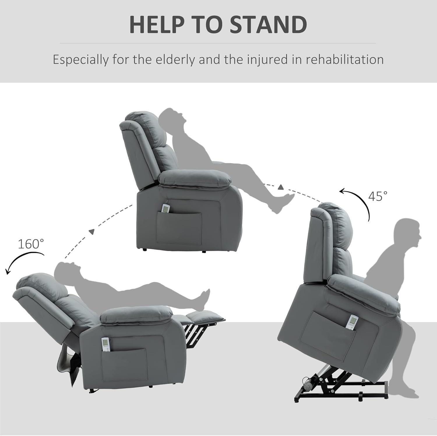 Power Lift Recliner Chair Massage Heat 160° Recline w/ Footrest Side Pockets