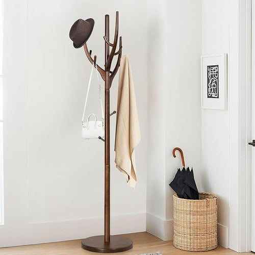 183cm Solid Wood Coat Rack Tree Stand with 12 Hooks Round Base for Hallway