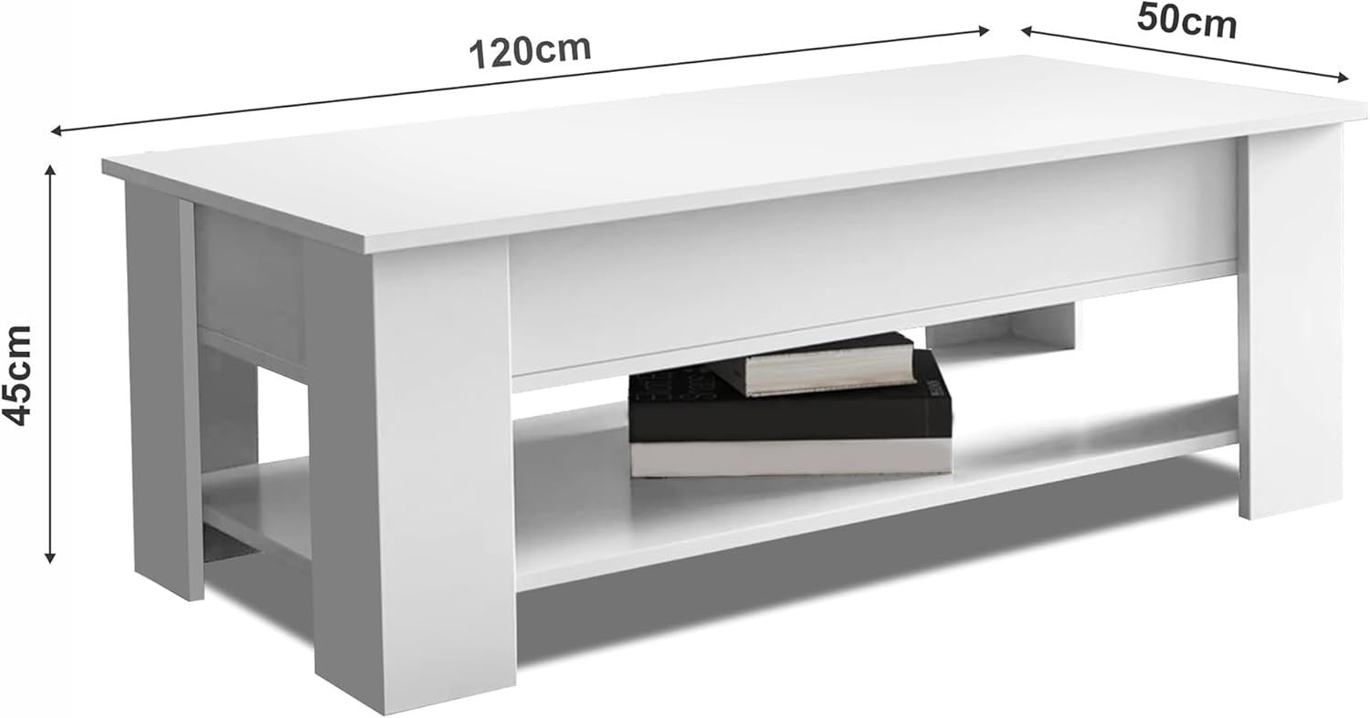 Lift Top Coffee Table White with Storage, Large Hidden Compartment 120x60cm