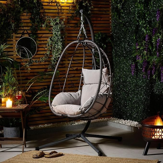 Hanging Egg Chair with Cushions Outdoor Indoor Rattan Swing Seat Grey