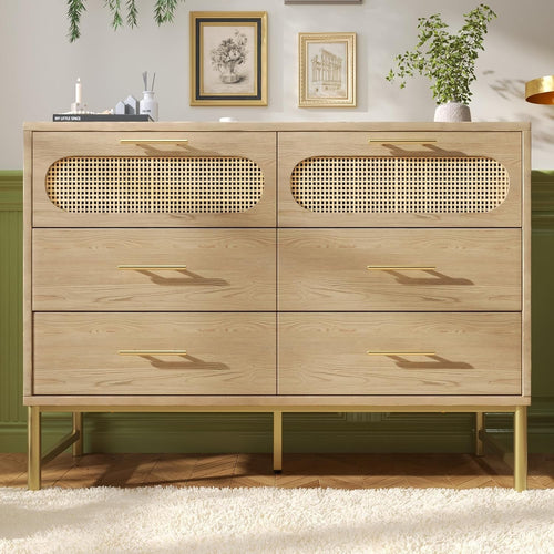 Rattan Oak Sideboard Storage Cabinet 6 Drawers Metal Legs 120cm