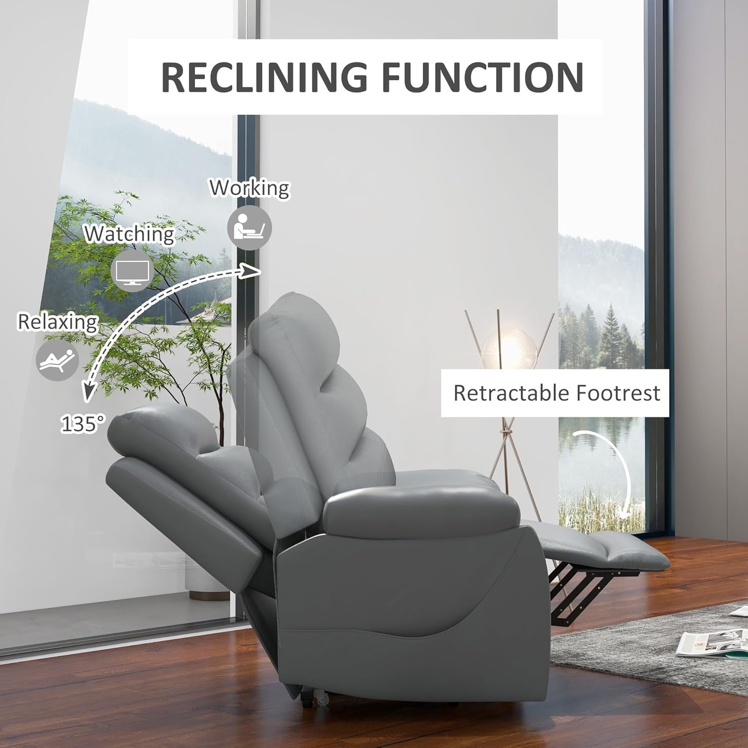 Power Lift Recliner Chair Massage Heat PU Leather 135° Recline w/ Footrest Grey