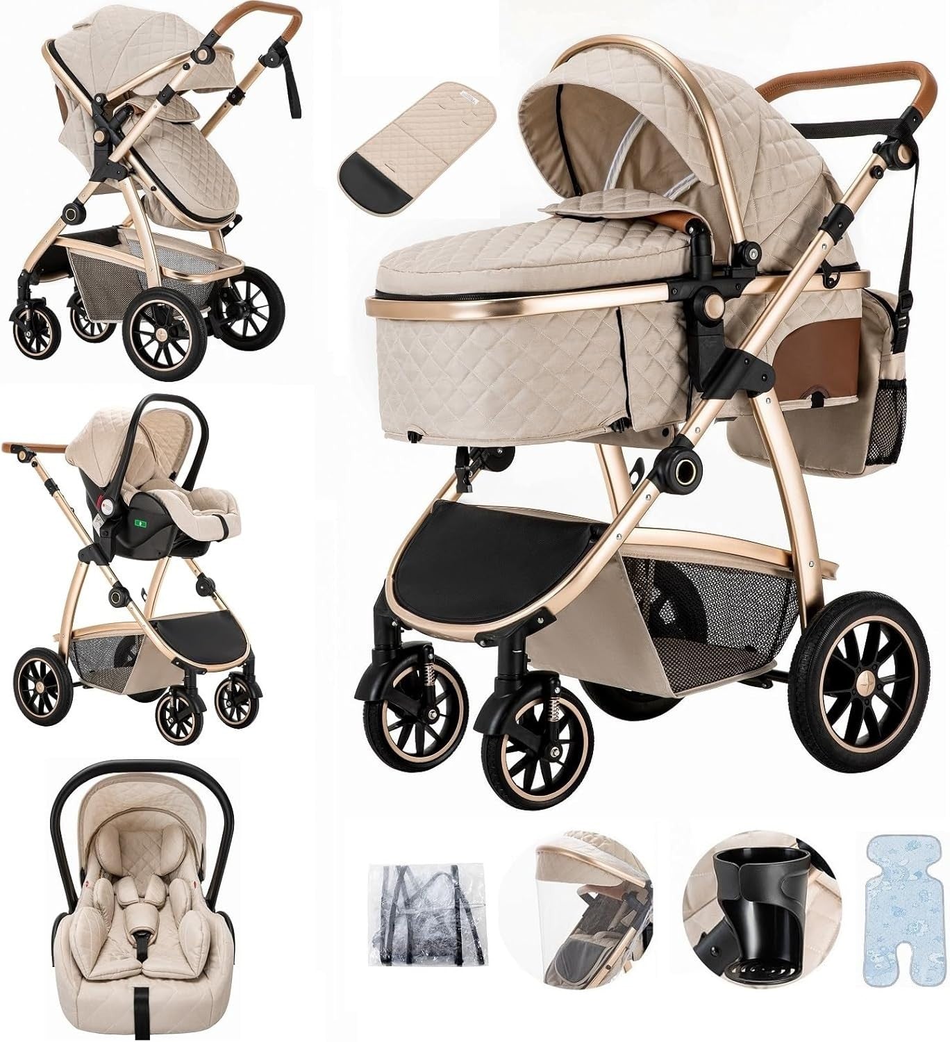Pink 3in1 Baby Travel System Pram Pushchair Car Seat Adjustable Handle
