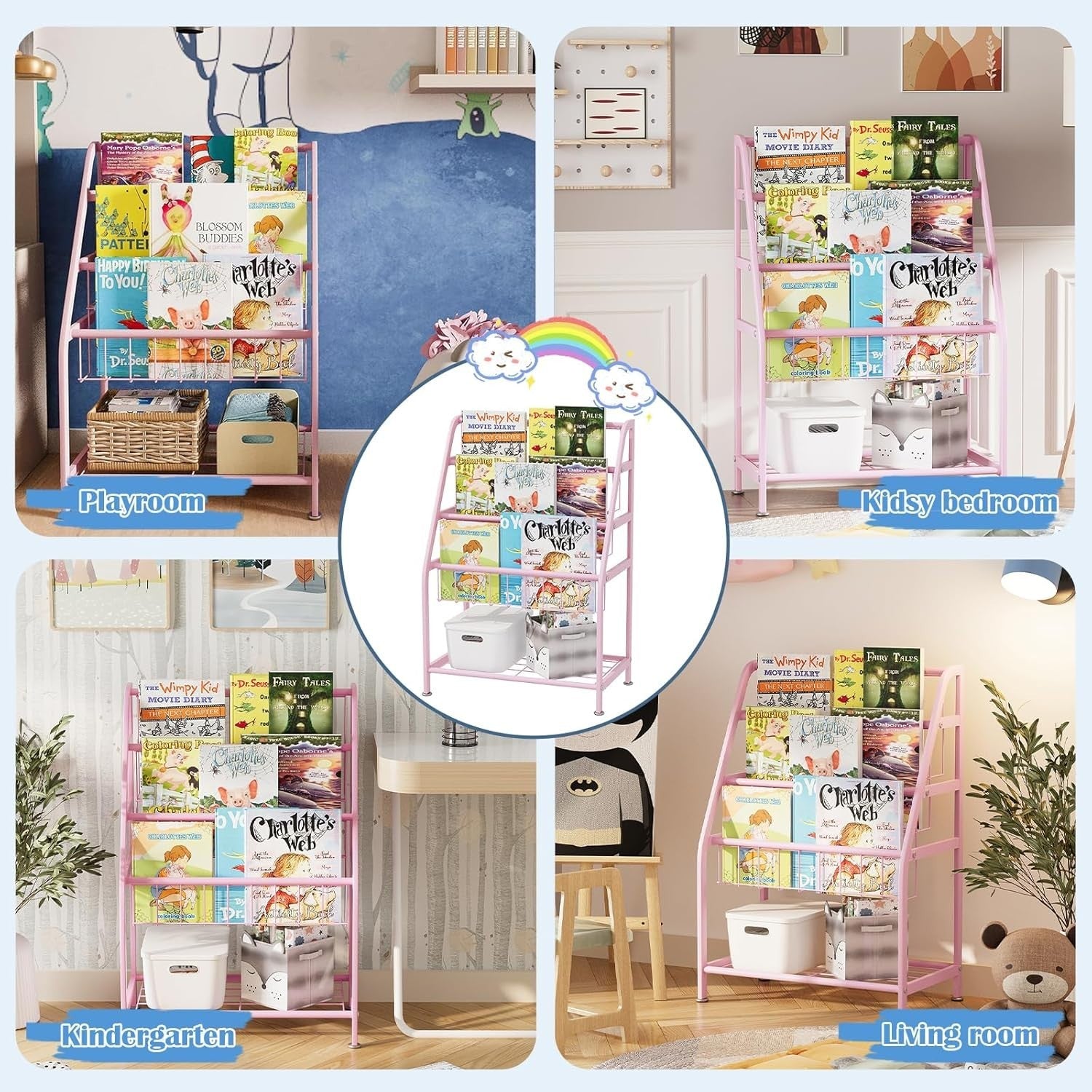 Kids Leaning Bookshelf & Toy Organizer Rack – Durable Metal, Space Saving, Pink