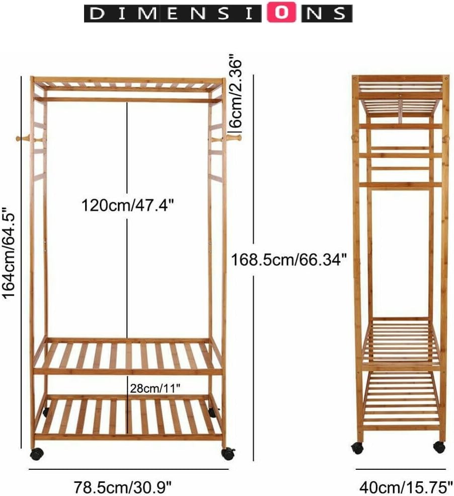 Heavy Duty Wooden Clothes Stand with Wheels, Open Wardrobe Rail