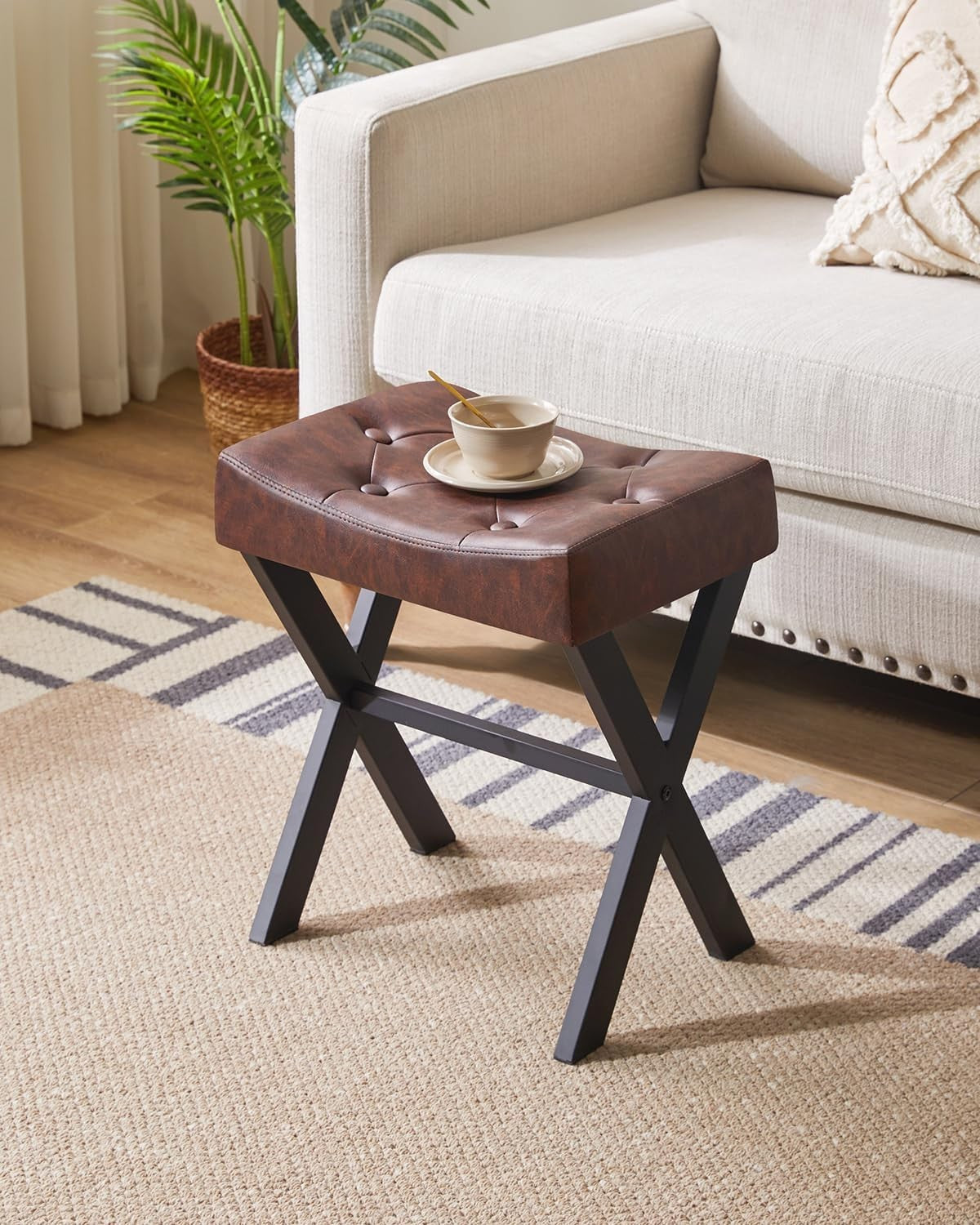 Dark Brown PU U-Shaped Vanity Stool with X-Legs – Modern Makeup Ottoman