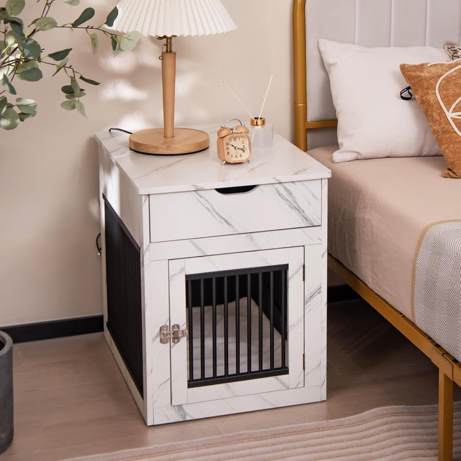 Wooden Dog Crate with Drawer & Wireless Charging Table Indoor Pet Kennel 64cm