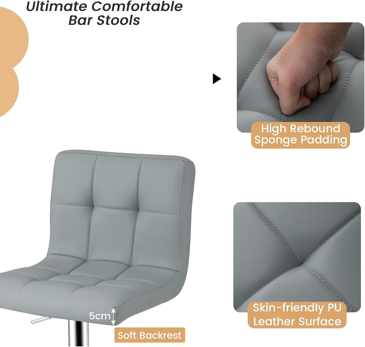 Set of 2 Adjustable Grey PU Leather Bar Stools with Swivel & Footrest