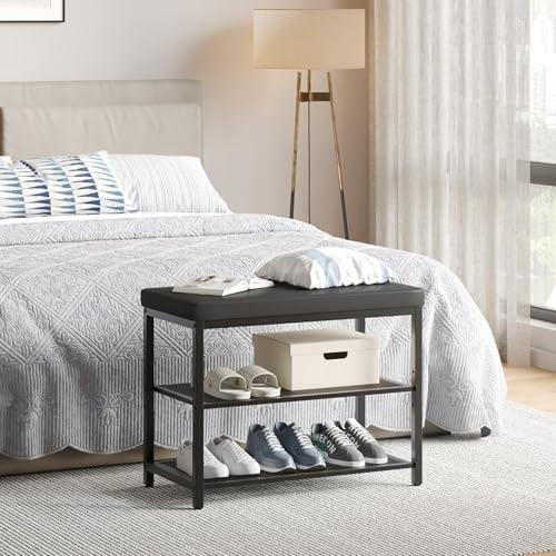 Black 3-Tier Shoe Bench with Cushion Seat – Industrial Hallway Organizer