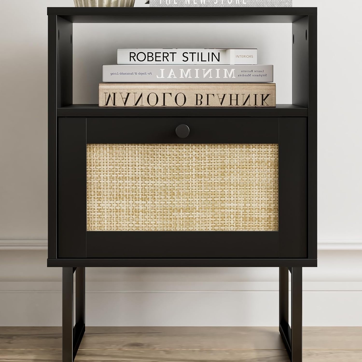 Modern Black Rattan Bedside Table with Drawer & Shelf Metal Frame Nightstand